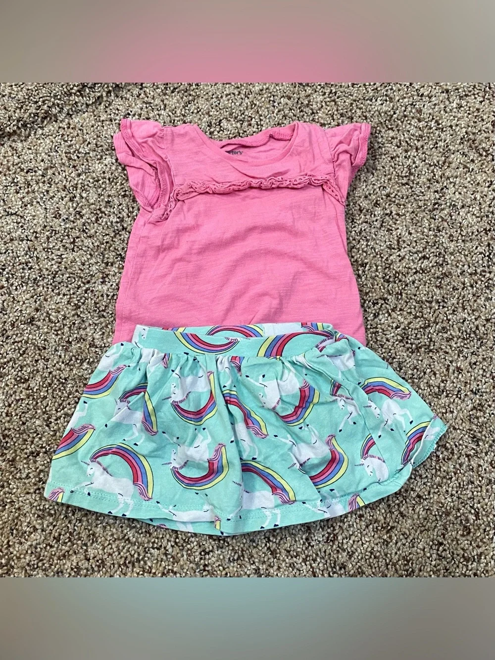 Carter’s 3 months Girls Pink Top and Mint Unicorn Rainbow Skirt Set